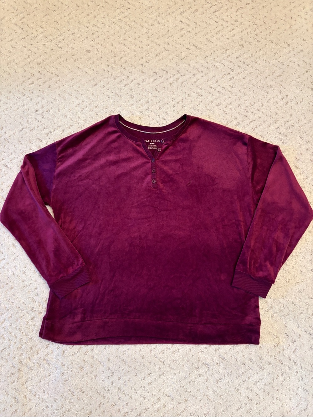 Nautica Purple Velour Velvet Henley Top Size M Long Sleeve Lounge Leisure